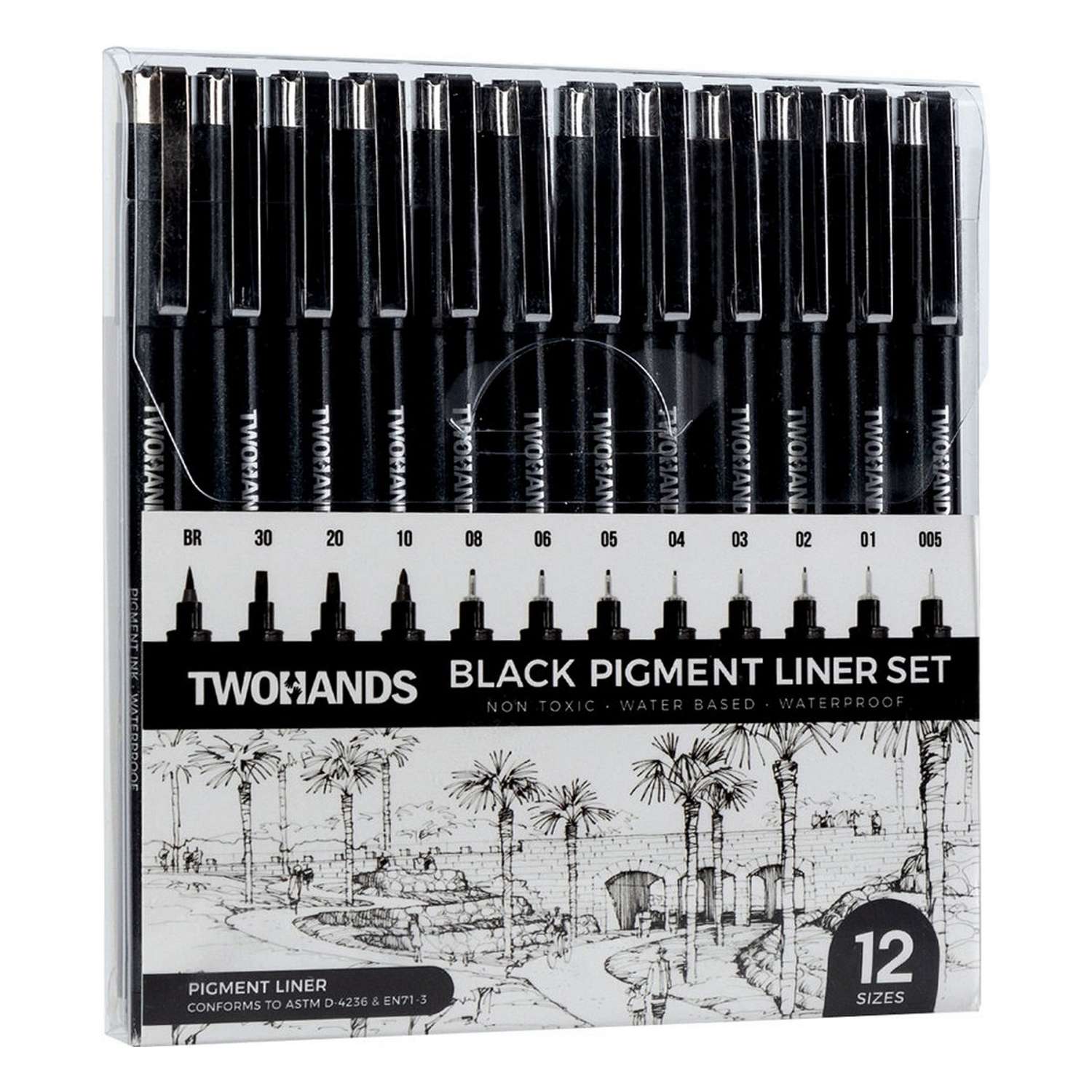 Пигментные линеры TWOHANDS набор черных 12 толщин линии. 12 шт в пластиковом футляре - фото 2