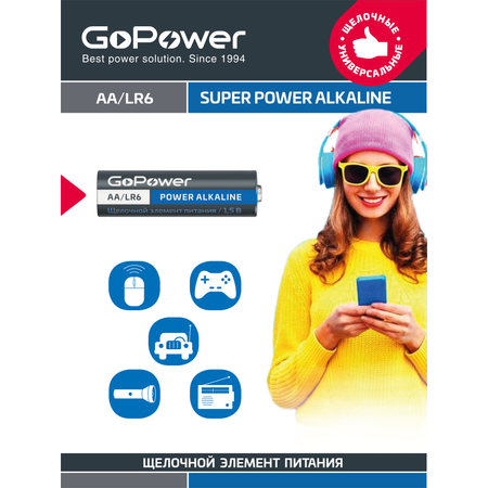 Батарейка GoPower LR6 AA BOX20 Shrink 4 Alkaline 1.5V