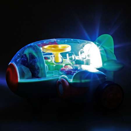Самолет игрушка для детей 1TOY Движок бирюзовый прозрачный с шестеренками светящийся на батарейках