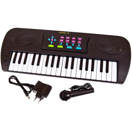 Синтезатор черный ABtoys 37 клавиш с микрофоном электронный с адаптером