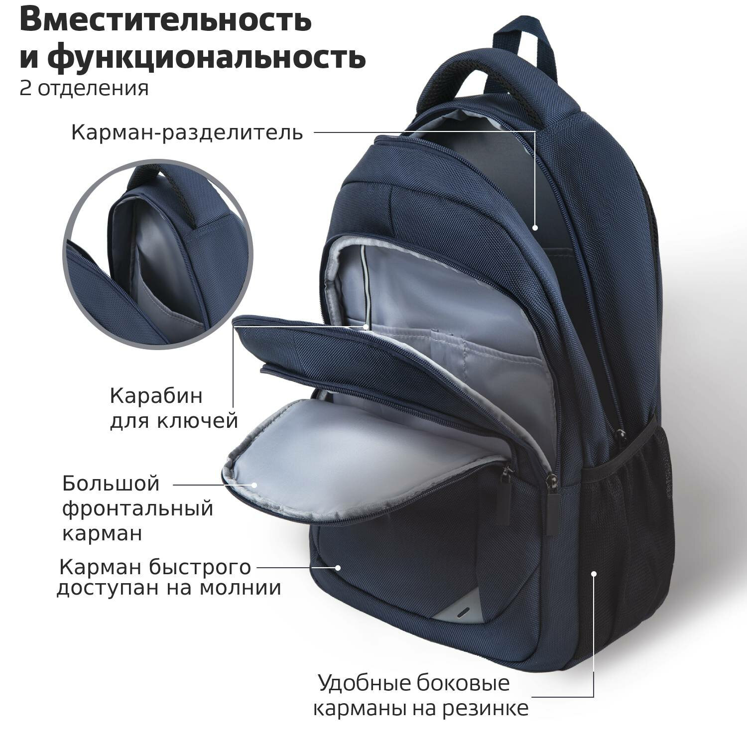 Рюкзак BRAUBERG URBAN универсальный, 2 отделения, Freedom, темно-синий, 46х32х19 см, 270755