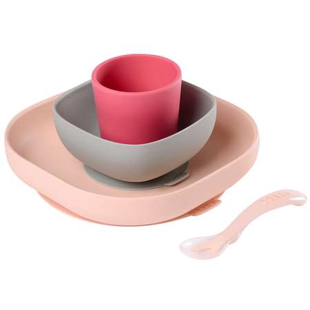 Набор посуды BEABA 2тарелки с присоской стакан ложка с 4месяцев Розовый