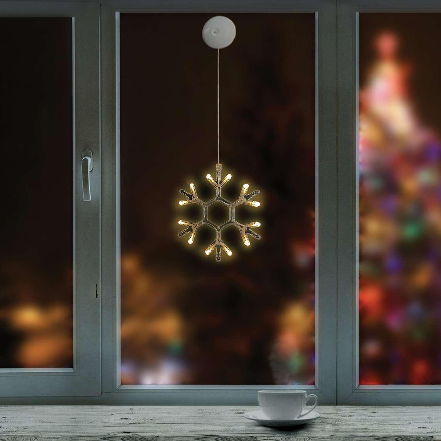 Новогоднее украшение Золотая сказка для декора светодиодная фигура на присоске Снежинка - фото 8