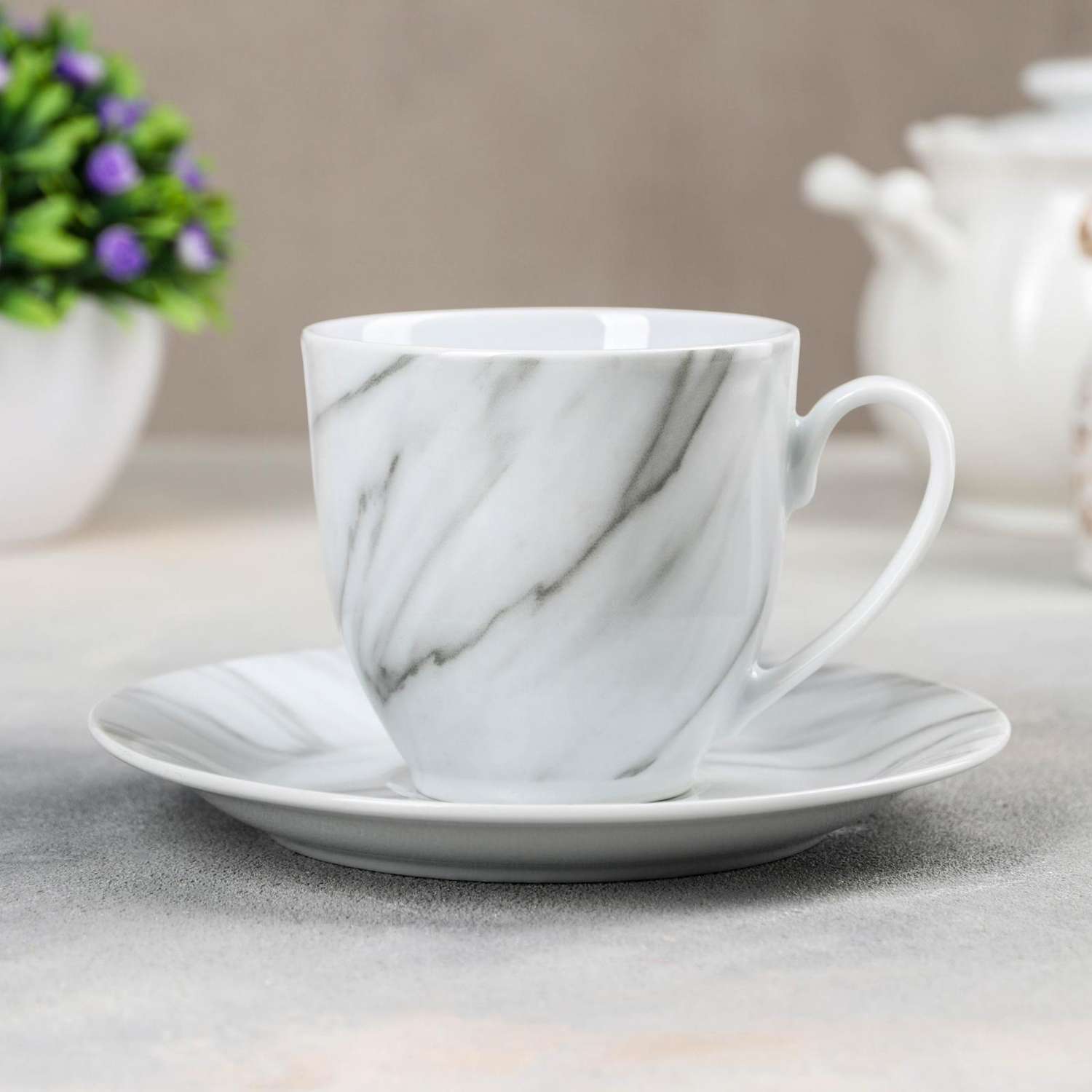 Чайная пара Доляна Мрамор чашка 200 мл блюдце цвет серый - фото 1