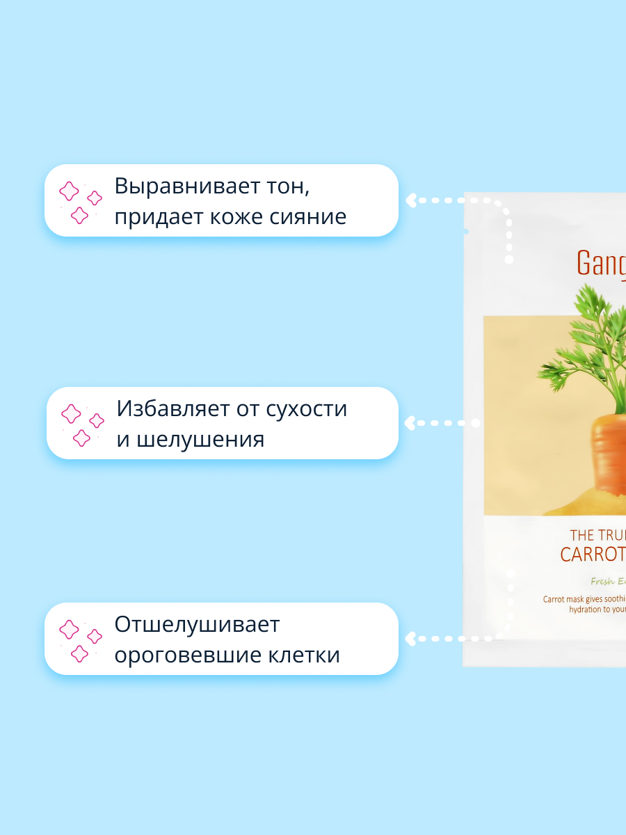 Маска тканевая GANGBLY с экстрактом моркови выравнивающая тон кожи и увлажняющая 30 мл - фото 3