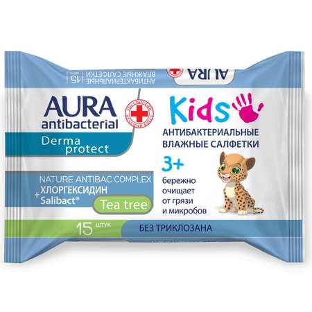 Салфетки влажные AURA Antibacterial kids 15шт в ассортименте