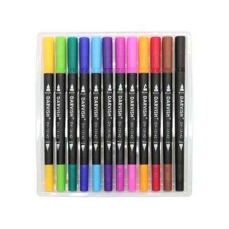 Маркеры для рисования Darvish скетчинга двусторонние тонкие 12 цветов кисть и линер 0.4 мм
