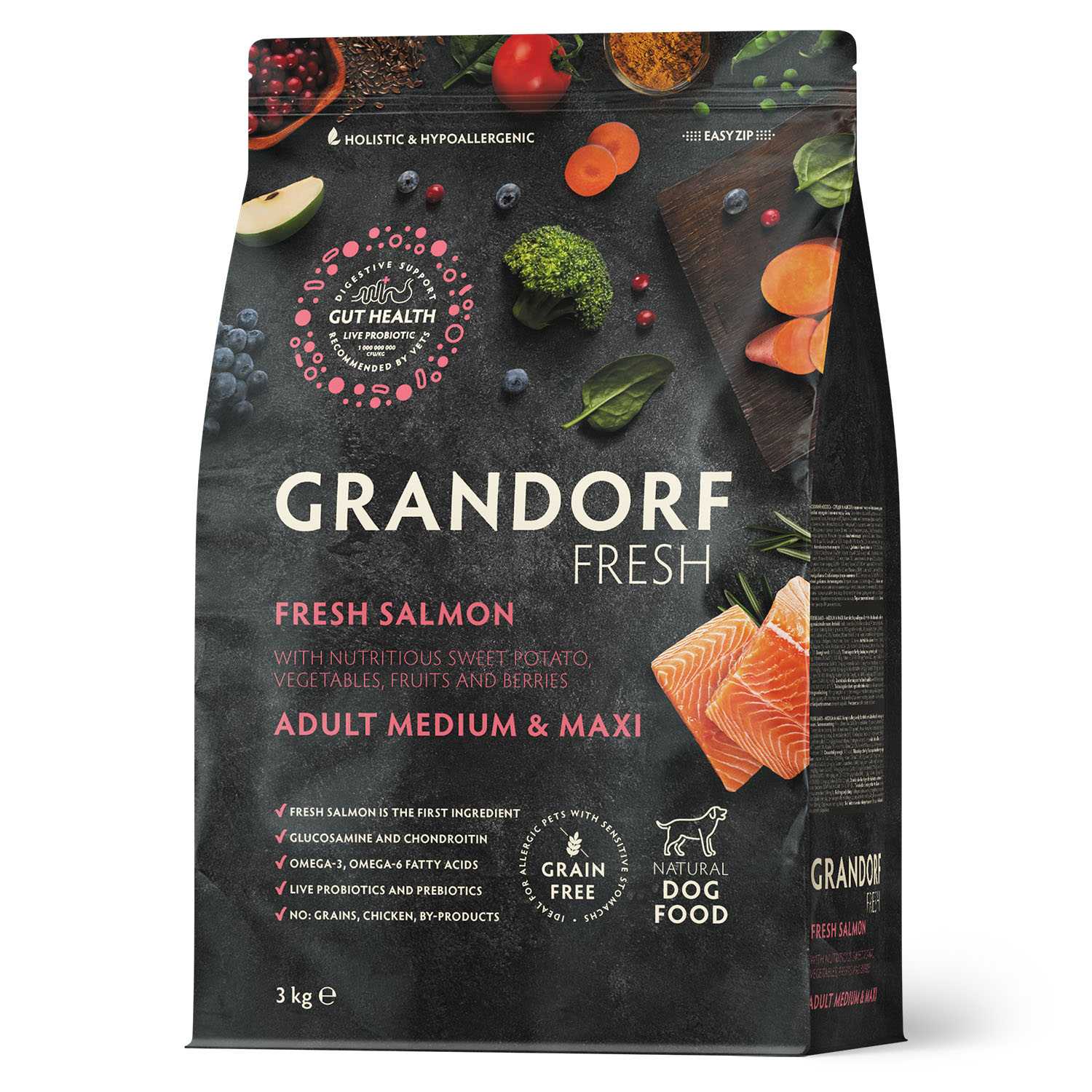 Корм для собак GRANDORF FRESH Fresh Dog Adult Med/Maxi Salmon/Sweet Potato сред и круп пород Свежее филе лосося 3кг беззерн с жив проб - фото 1