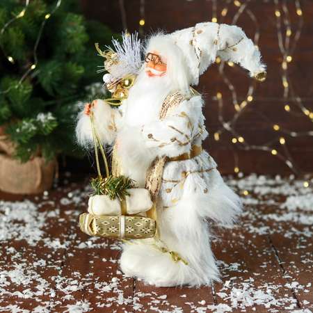 Дед мороз Sima-Land «С подарками и в ремешке» 31 см бело-золотой