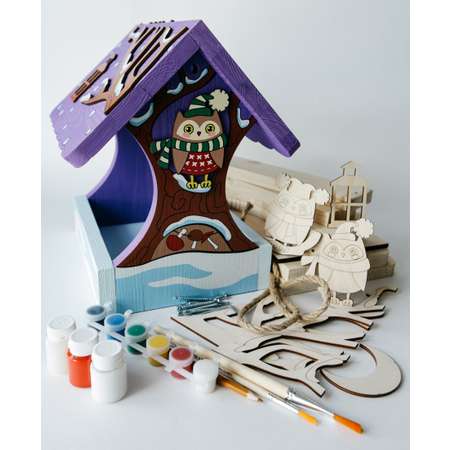 Кормушка Домик с совами WOODING design набор с красками
