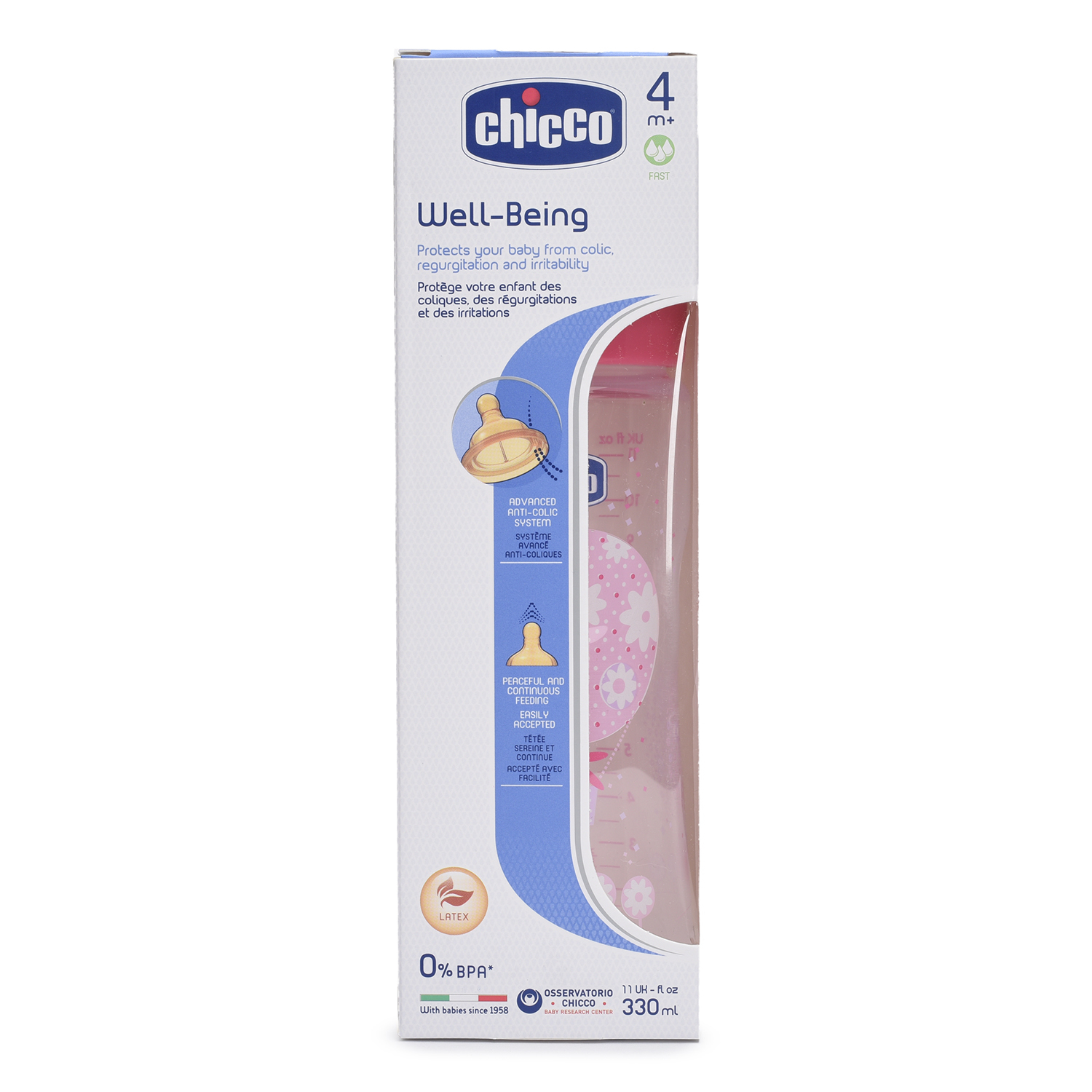 Бутылочка Chicco Well-Being Girl 330 мл 4 мес+ с латексной соской быстрый поток (310205121) - фото 3