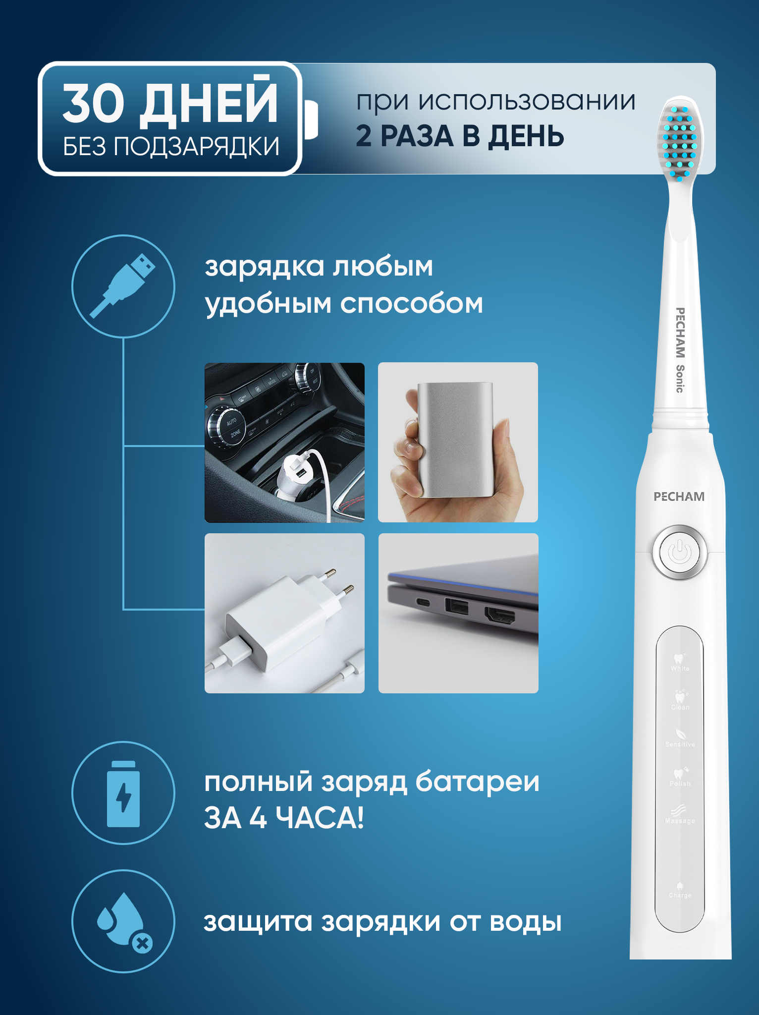 Электрическая зубная щетка PECHAM Sonic White купить по цене 4195 ₽ в  интернет-магазине Детский мир