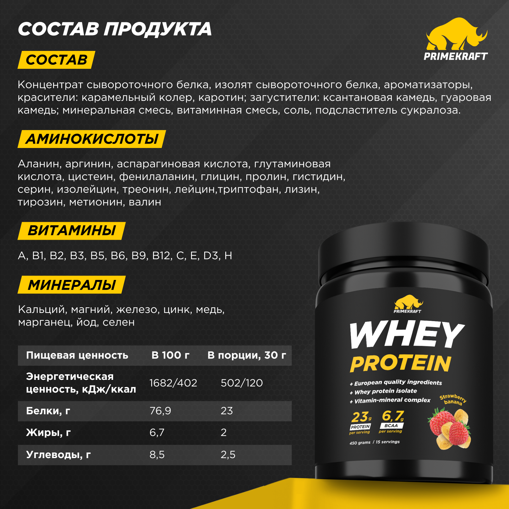 Протеин Whey Prime Kraft клубника-банан 450 г - фото 2