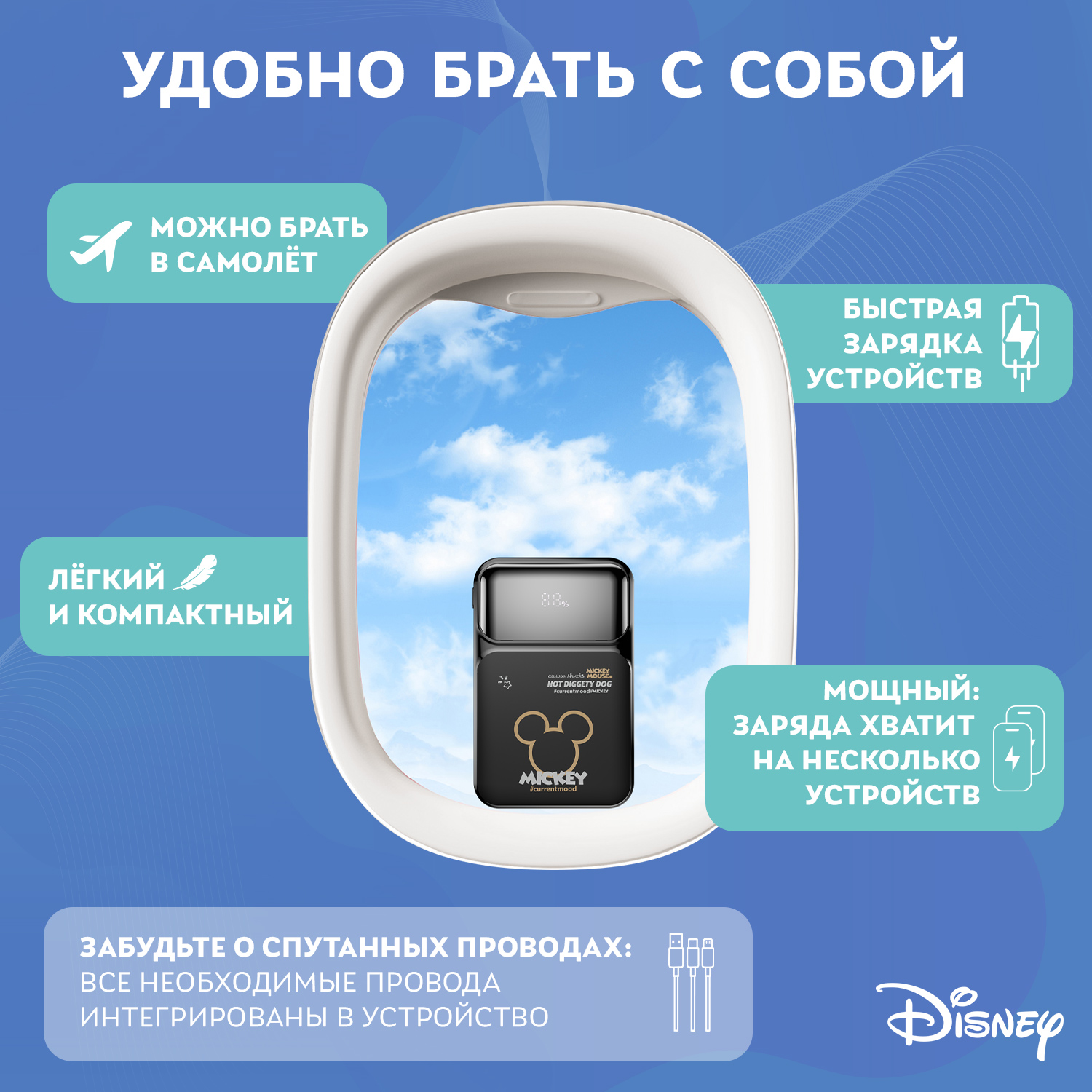 Внешний аккумулятор Disney Микки Маус со встроенными кабелями 10000 мАч QS-D02 - фото 3