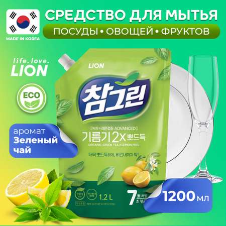 Средство для мытья посуды Lion CHAMGREEN Зеленый чай мягкая упаковка 1200 мл
