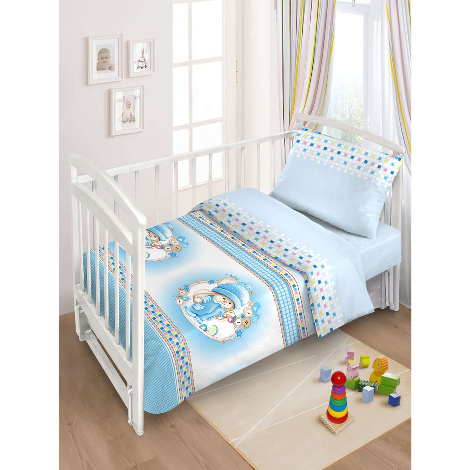 Постельное белье 3 предмета FunEcotex детское в кроватку с простыней на резинке голубой - фото 1