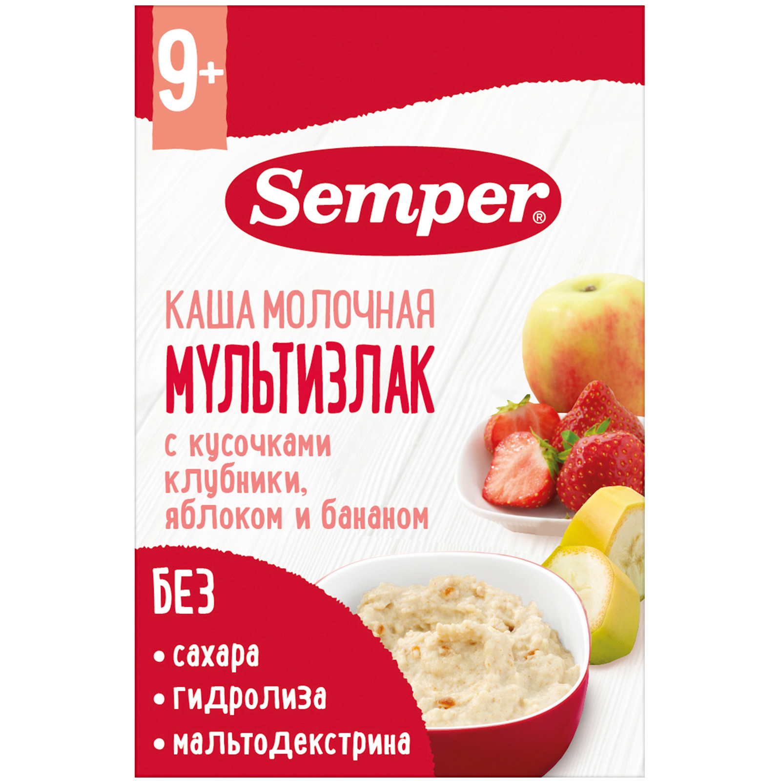 Каша молочная Semper мультизлаковая-клубника-яблоко-банан 180г с 9месяцев