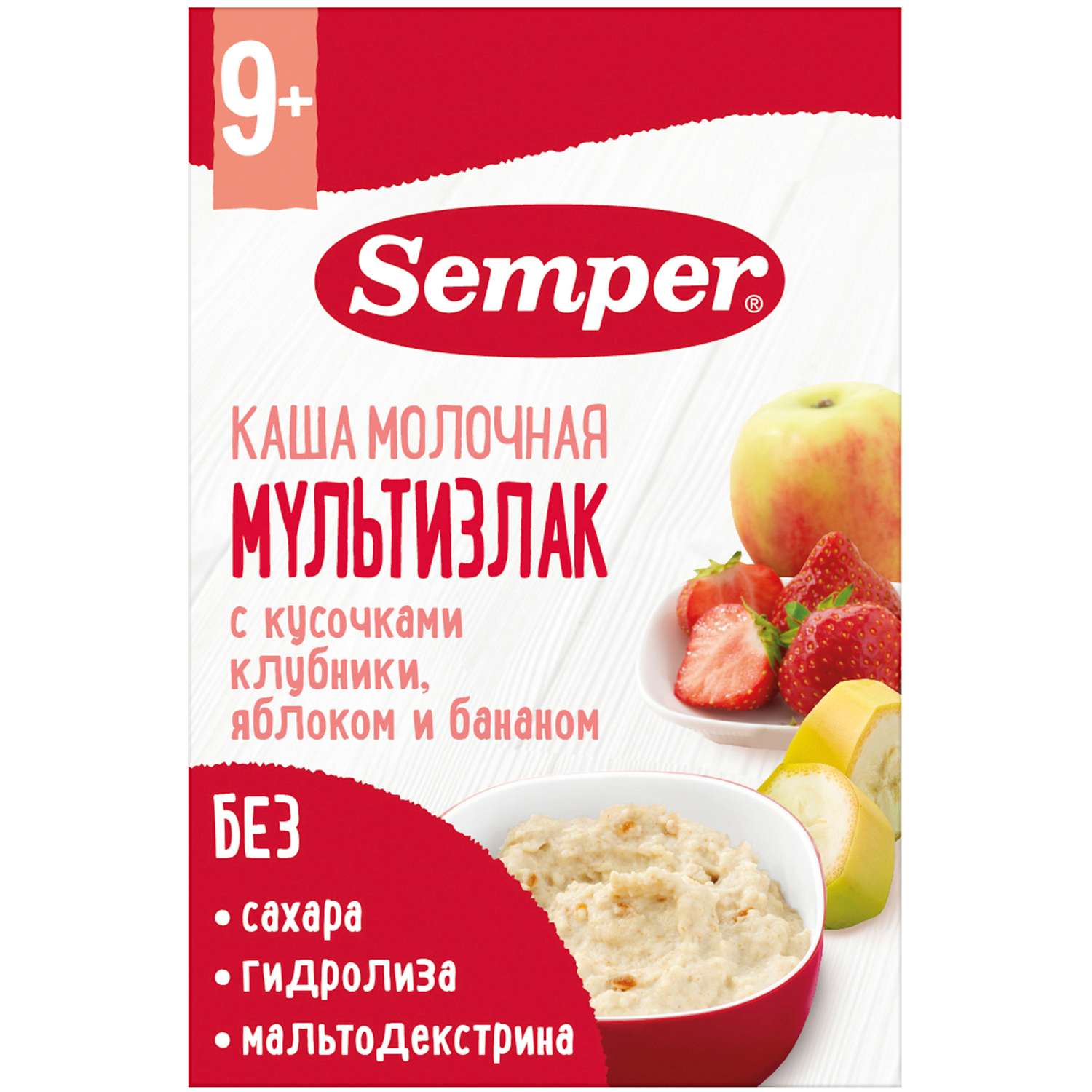 Каша молочная Semper мультизлаковая-клубника-яблоко-банан 180г с 9месяцев - фото 1