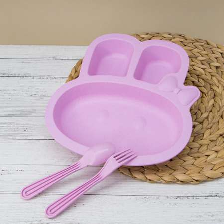 Тарелка секционная iLikeGift Little rabbit pink пластиковая с приборами