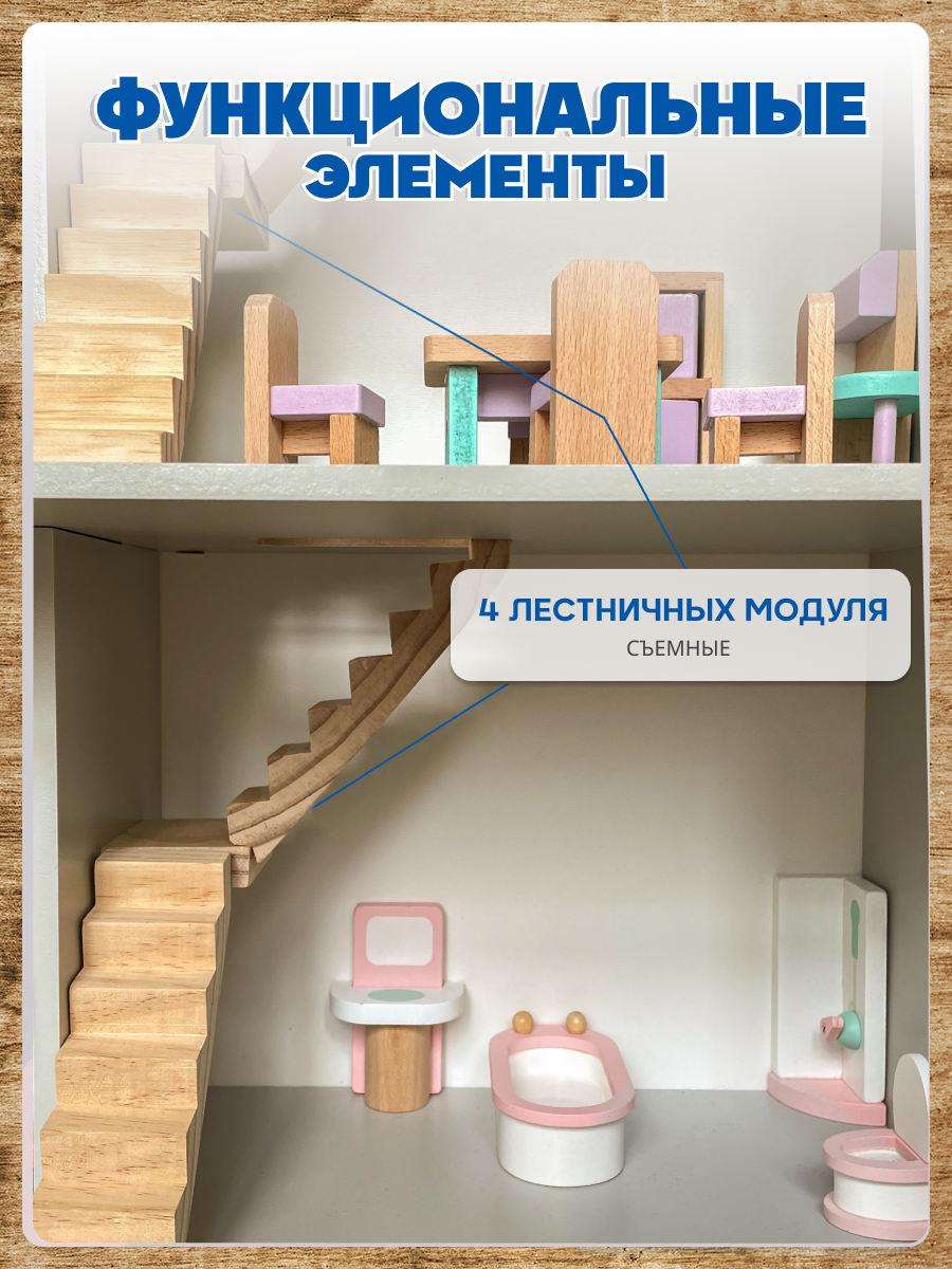 Кукольный домик Зайка любит Большой кукольный домик с мебелью из натурального дерева для кукол 2 этажа MSN21021 - фото 9