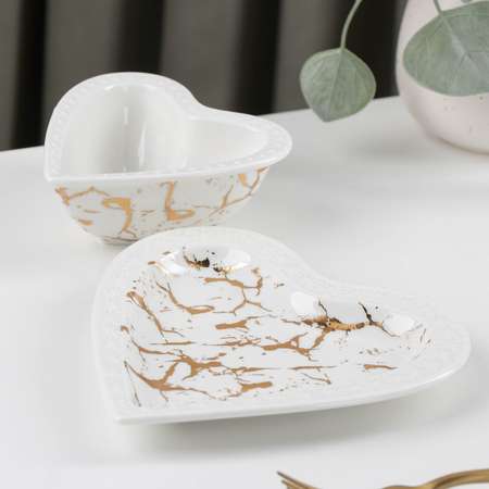 Набор Sima-Land керамический столовый «Марбл» 2 предмета: салатник 150 мл блюдо 16 5×17×2 см цвет белый