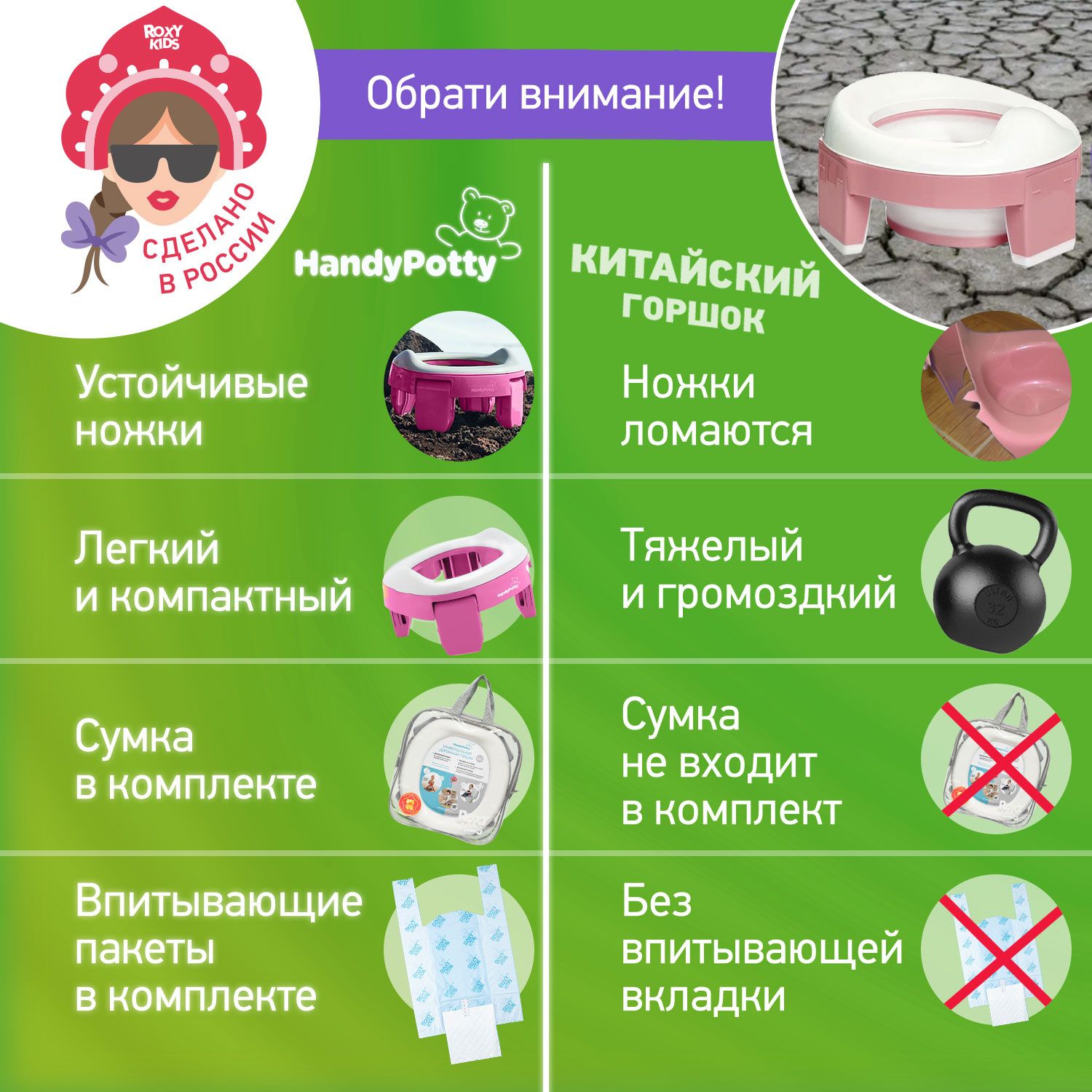 Горшок дорожный ROXY-KIDS складной и насадка на унитаз HandyPotty с тремя пакетами цвет лиловый - фото 14