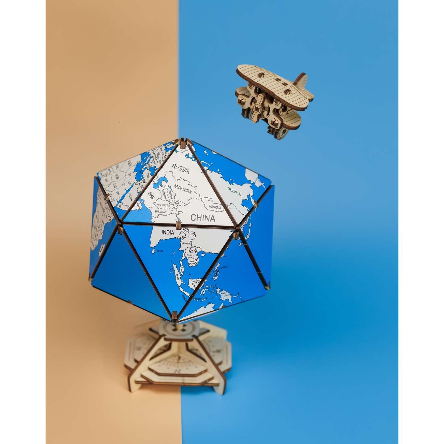 Деревянный конструктор Eco Wood Art Глобус Икосаэдр с секретом «шкатулка и сейф» синий - фото 7
