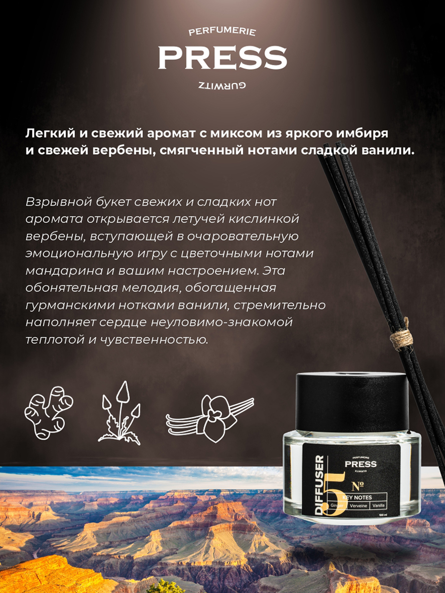 Диффузор №5 Press Gurwitz Perfumerie Ароматизатор для дома с палочками с ароматом Имбирь Ваниль Вербена - фото 5