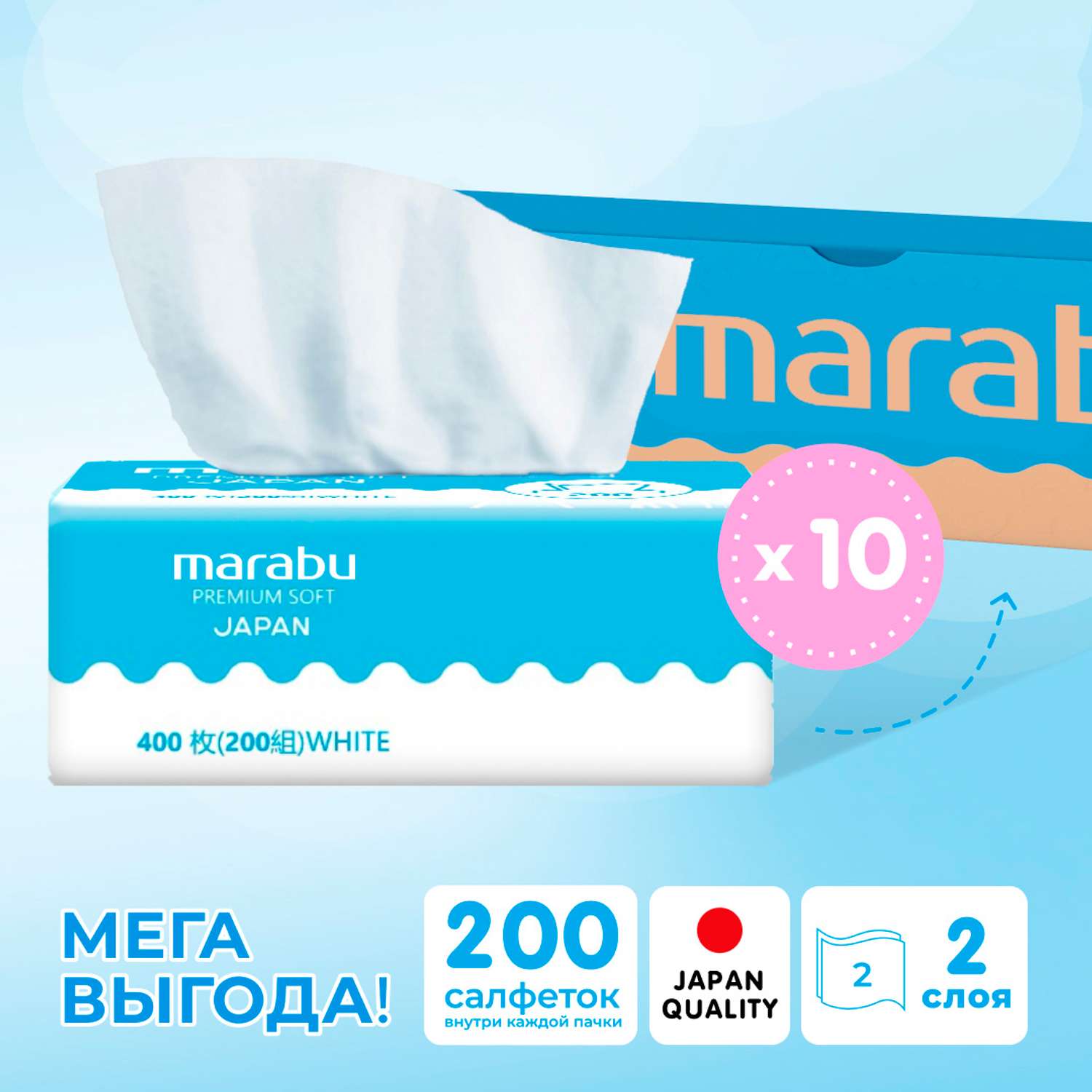 Салфетки бумажные MARABU в мягкой упаковке 200 шт 10 упаковок - фото 2