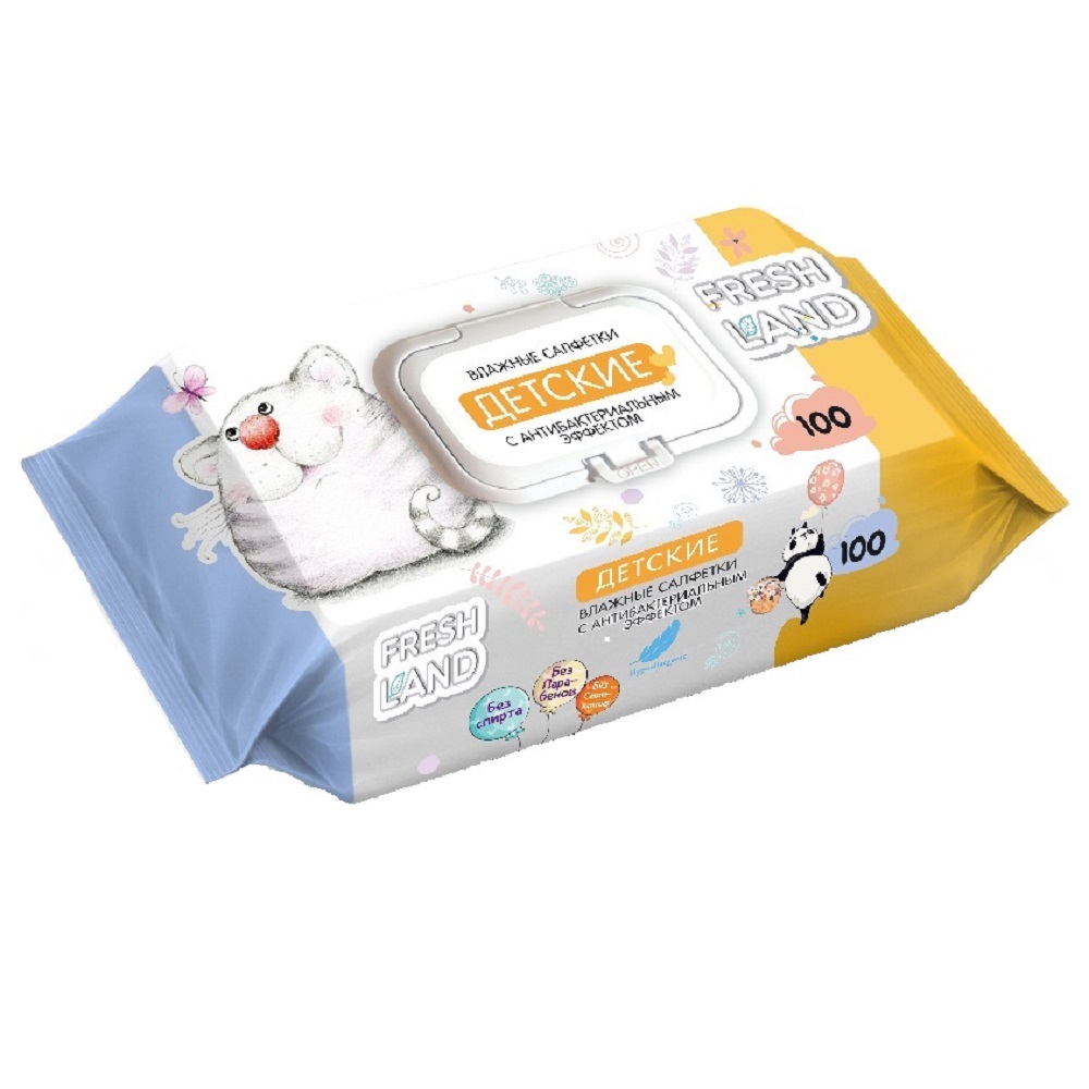 Влажные салфетки детские FRESHLAND Кот с антибактериальным эффектом 1х100 шт - фото 1