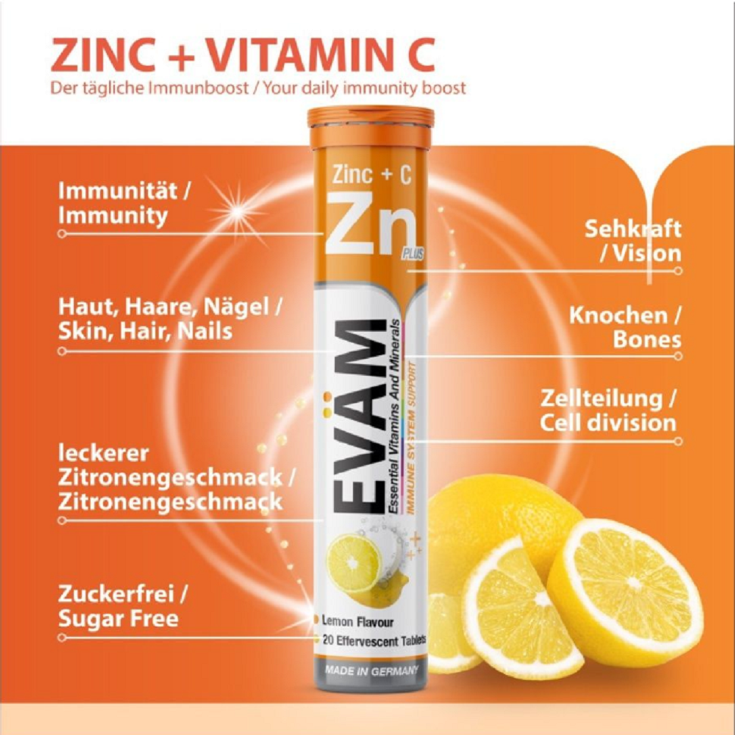 Шипучие витамины EVAM Zn С Цинк и Аскорбиновая кислота 20 таблеток - фото 2