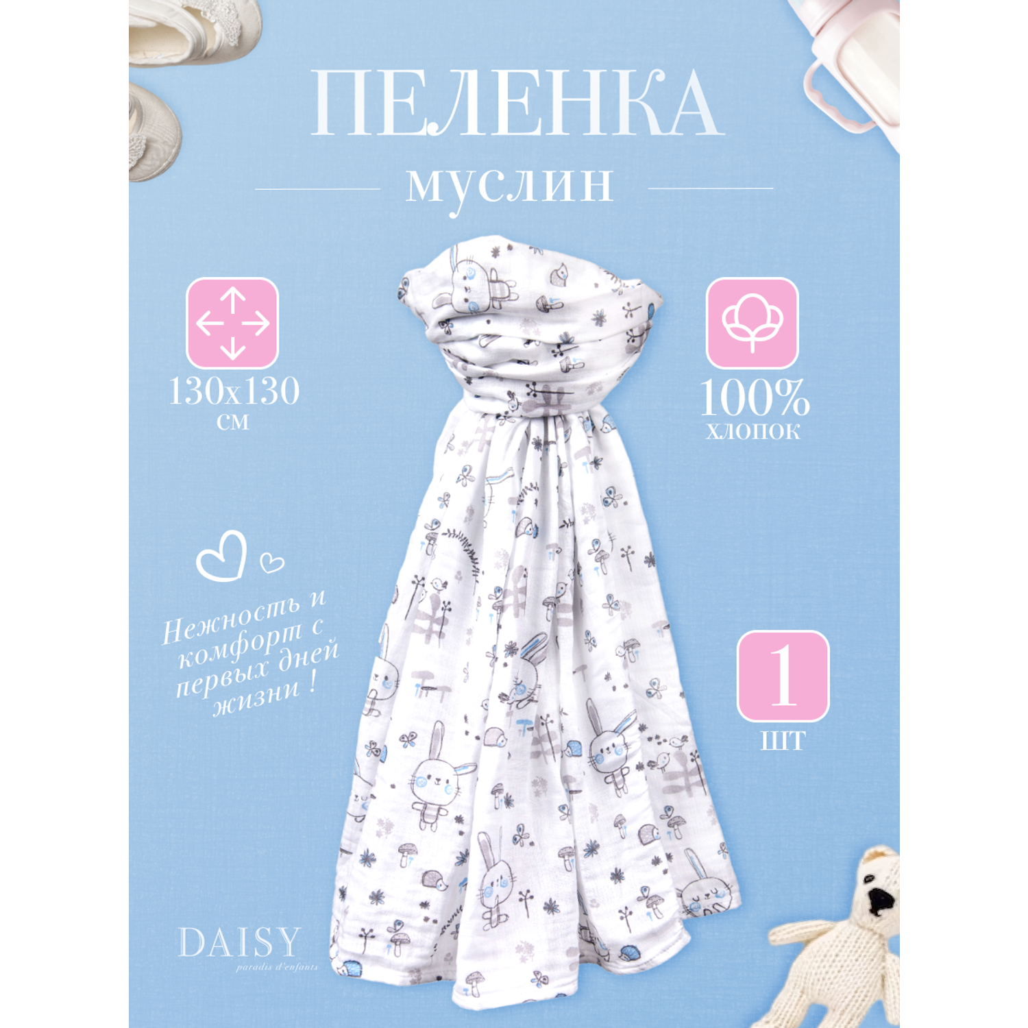 Муслиновая пеленка Daisy 130х130см Зайчик с щечками - фото 4