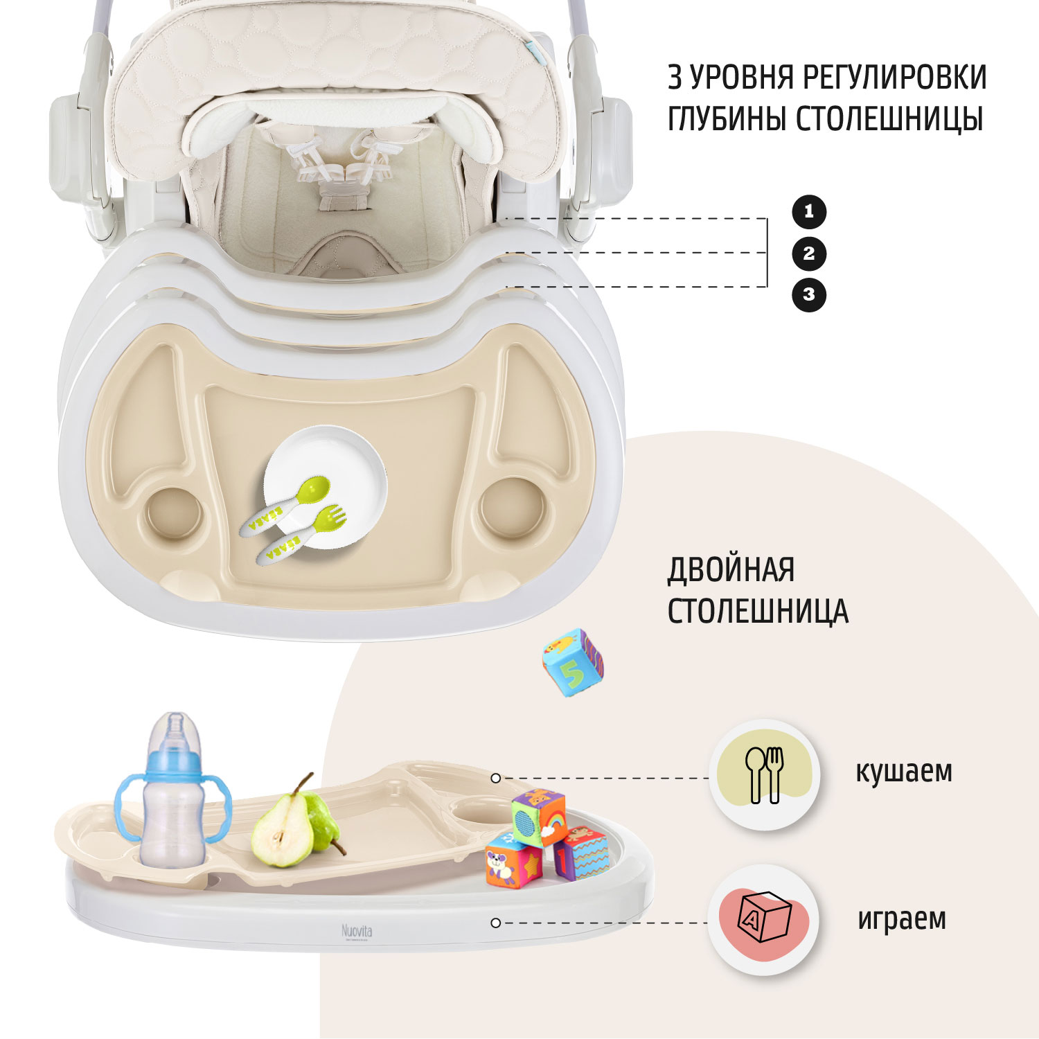 Стул-шезлонг для кормления Nuovita Tutela с тиснением Латте - фото 6