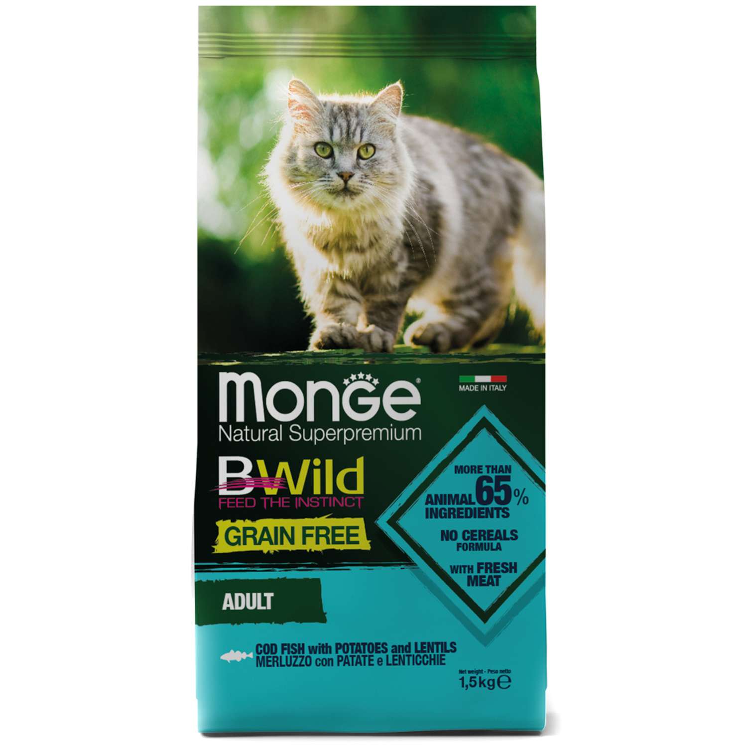 Корм для кошек MONGE BWild Grain free из трески картофеля и чечевицы 1.5кг - фото 1