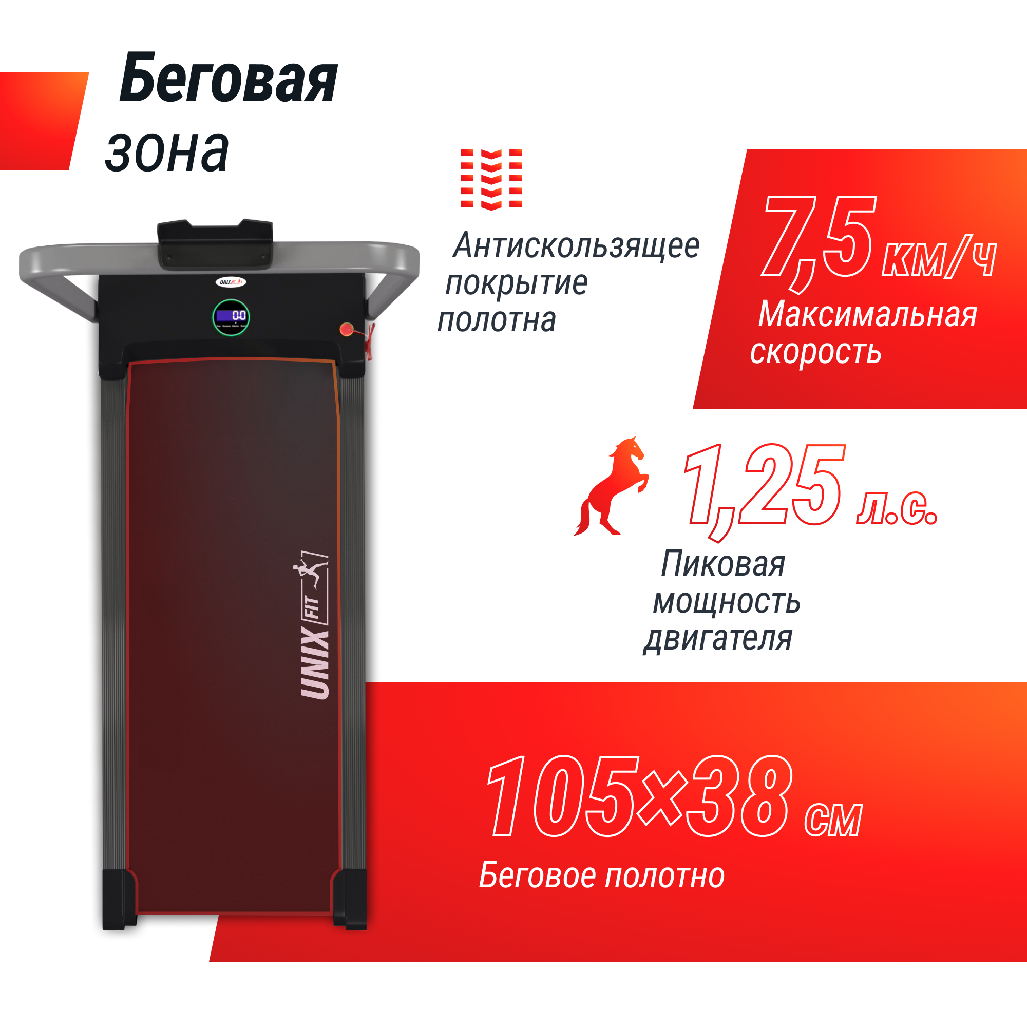 Беговая дорожка UNIX Fit R-200V с поручнем складная 1.25 л.с. до 90 кг 0.8-7.5 км/ч - фото 3