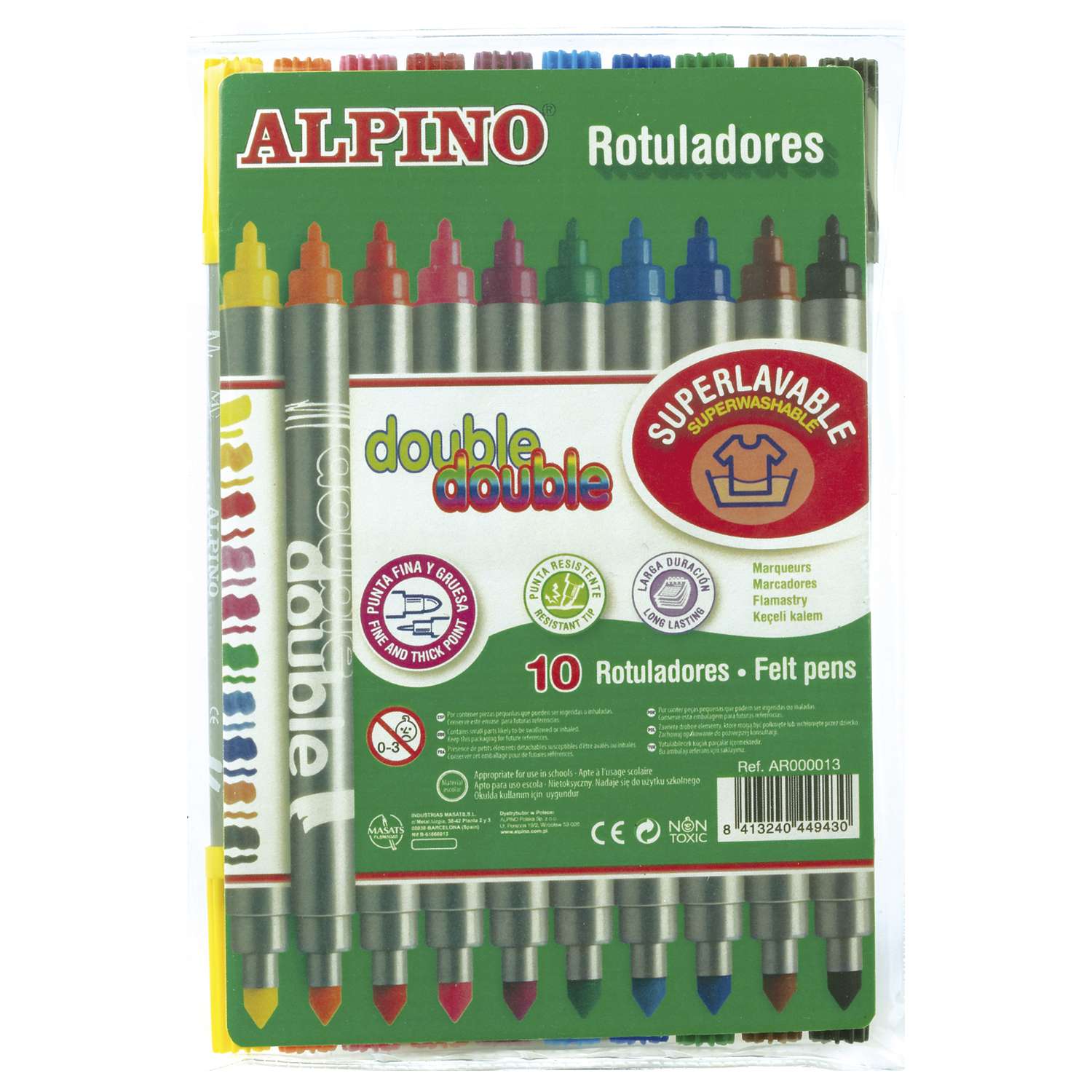 Фломастеры ALPINO Double Double двухсторонние с серебристым корпусом 10 цв. - фото 1