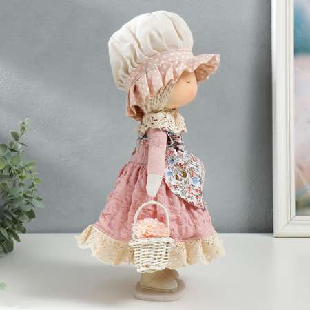Кукла интерьерная Зимнее волшебство «Малышка в чепчике и переднике цветочном с корзиной цветов» 33х14х16 см