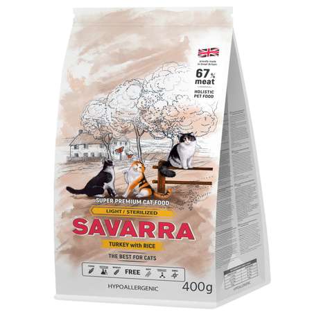 Корм сухой для кошек Savarra 400г индейка-рис с избыточным весом