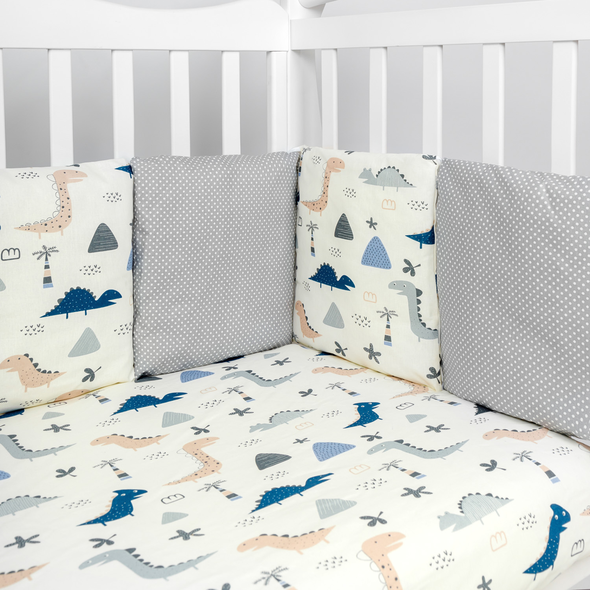 Комплект Premium AmaroBaby в кроватку 18 предметов: 6 + 12 подушек-бортиков Little dino бежевый серый - фото 4