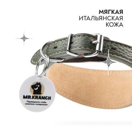 Ошейник-селедка для собак Mr.Kranch из натуральной кожи с QR-адресником 24-30см Оливковый