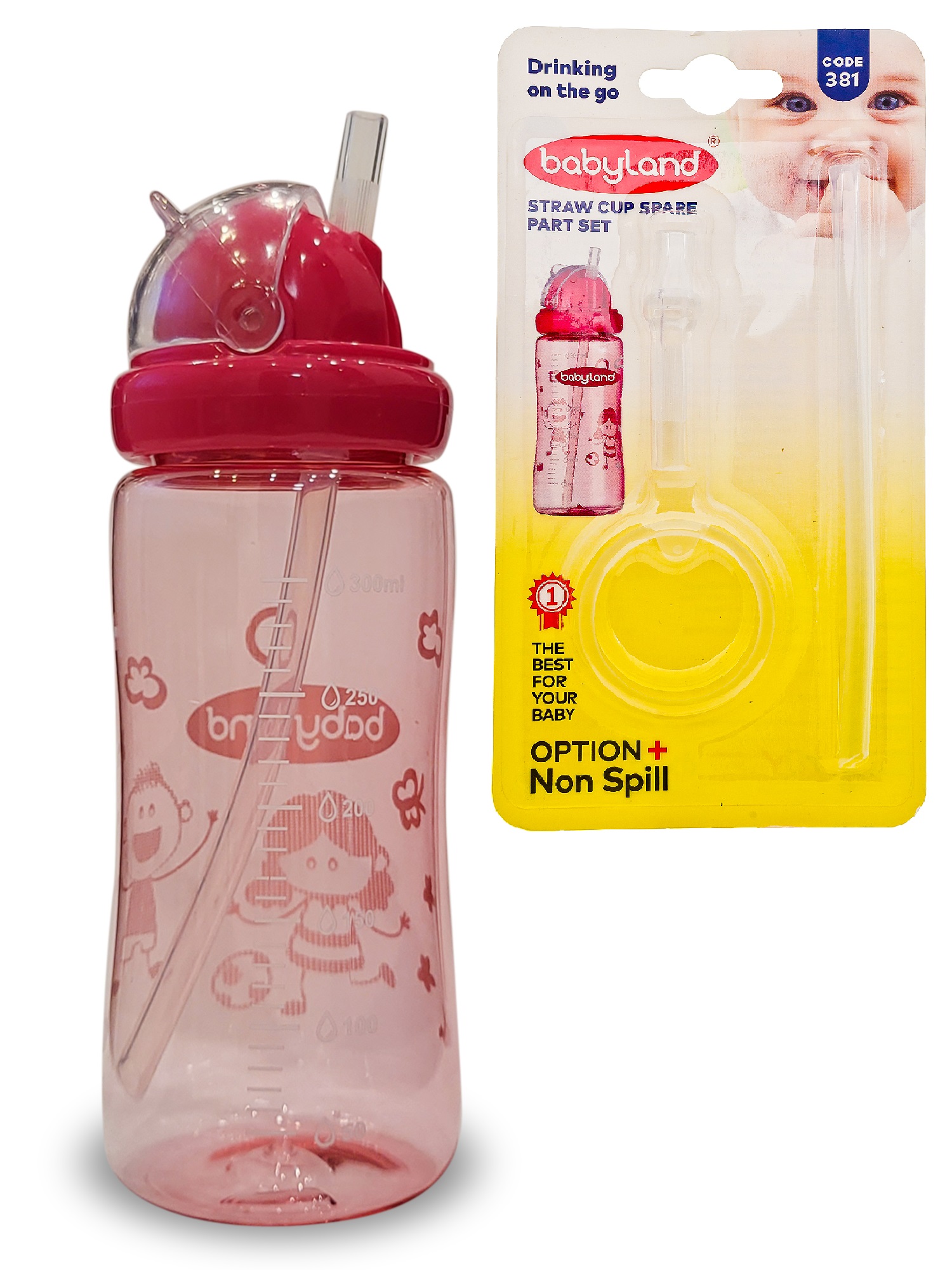 Бутылочка-поильник Baby Land с запасной трубочкой 300мл розовый - фото 1