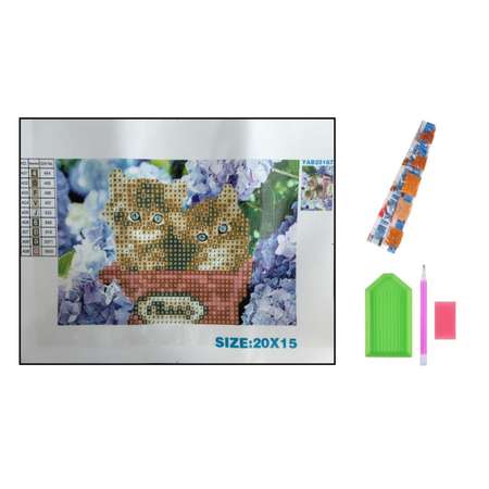Алмазная мозаика Seichi Котята с цветами 15х20 см