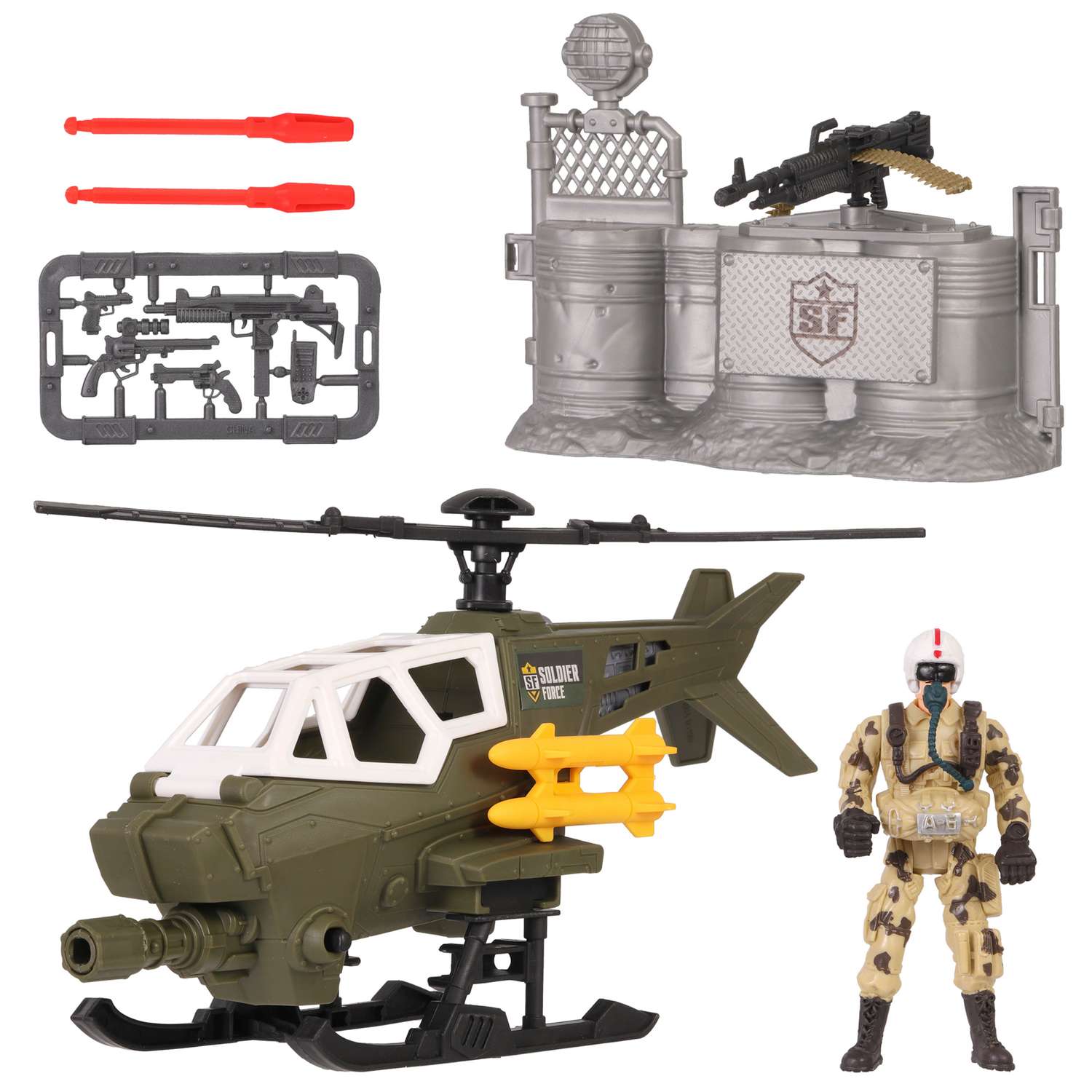 Игровой набор 2 в 1 Chap Mei Боевой вертолёт с ракетами пилотом и Карманный герой в кейсе - фото 1