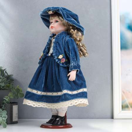 Кукла коллекционная Зимнее волшебство керамика «Настенька в синем бархатном платье с мишкой» 40 см