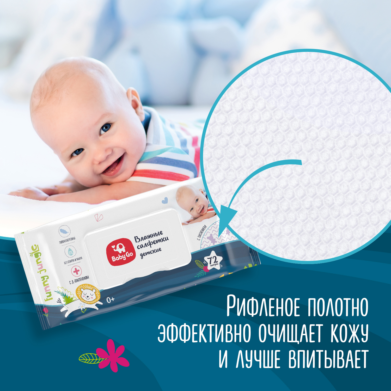 Салфетки влажные BabyGo рифленые с Д пантенолом 72шт 774371 - фото 3