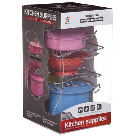 Игровой набор ABTOYS Посуда металлическая разноцветная с подставкой держателем 7 предметов