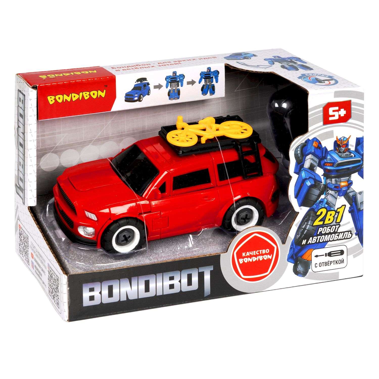 Трансформер BONDIBON Bondibot робот-автомобиль с отвёрткой 2 в 1 джип с велосипедом красного цвета - фото 3