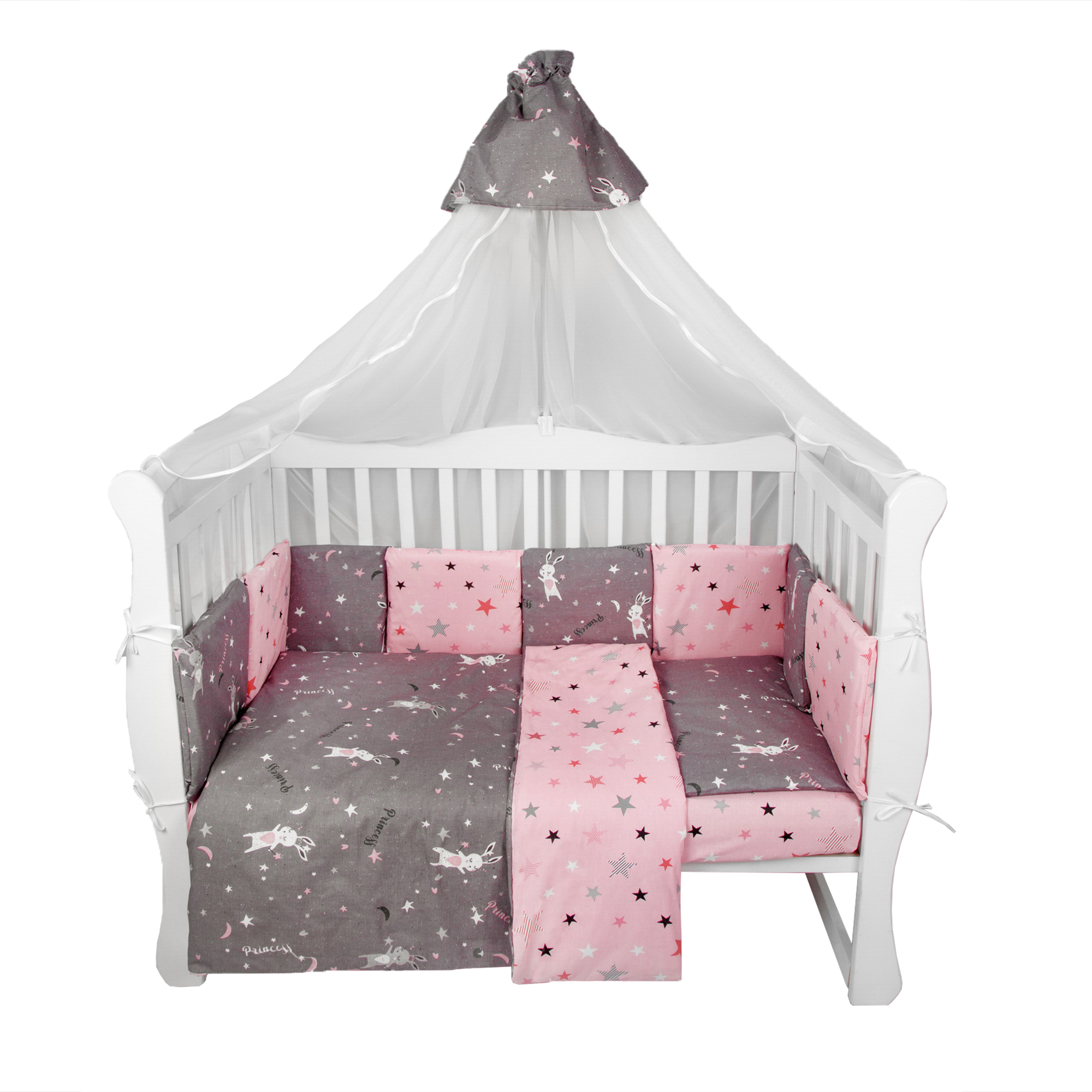 Комплект Premium AmaroBaby 18 предметов: 6 + 12 подушек-бортиков Princess серый розовый - фото 1