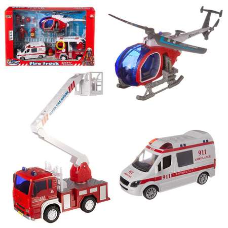 Игровой набор Junfa Служба спасения пожарная машина скорая помощь вертолет аксессуары свет звук