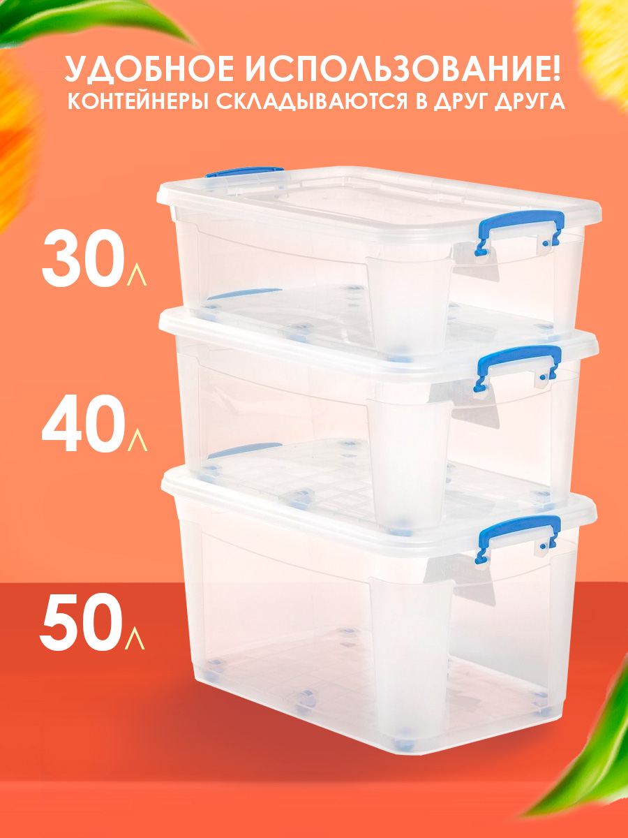 Контейнер elfplast для хранения Storage Box на колесах прозрачный 40 л 64х41.5х25 см - фото 3